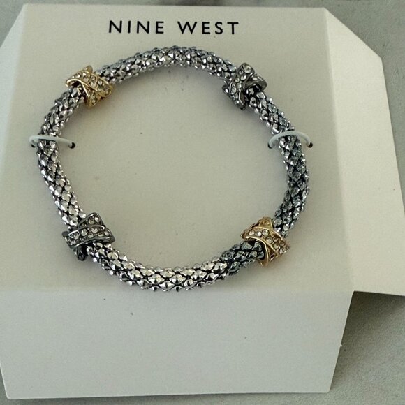Nine West Silver-Tone Mesh Bracelet With Gold & Silver Crystal-Embellished Accen - Picture 2 of 5